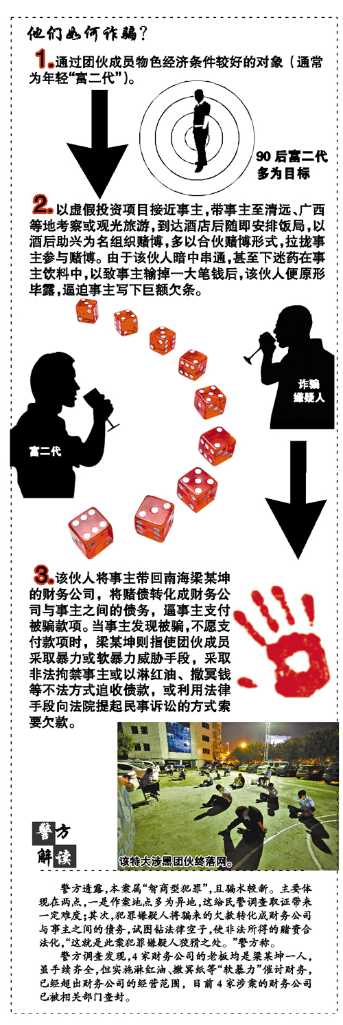 南海一特大涉黑团伙被端 49人落网 以投资项目为饵骗事主异地赌博输钱 欠款被“洗”为债务后 由财务公司以暴力形式催款